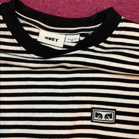 Obey Clothing Monochrome Black and White 100% Cotton High Quality Striped Tee - Picture 2 of 6